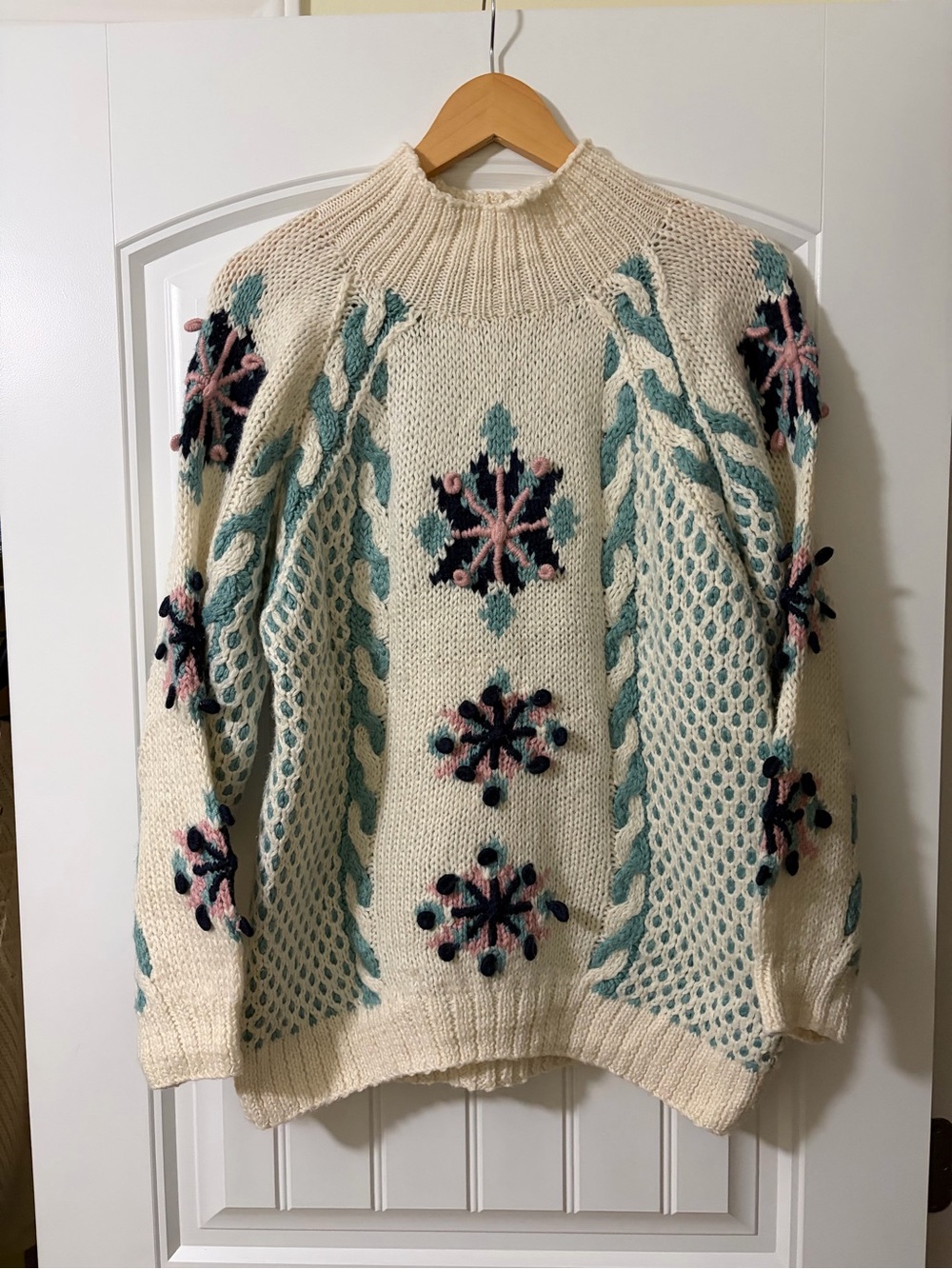 Cream Wool Blend Knit Snowflake Sweater with Teal and Pink Accents Size Medium